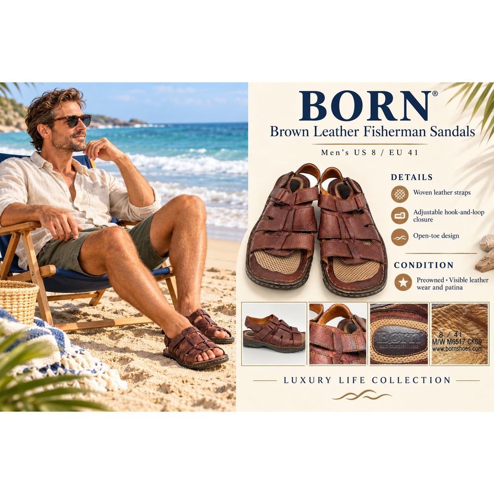 Born Mens M6517 Brown Leather Fisherman Sandals Size 8 EU 41 Hand Crafted